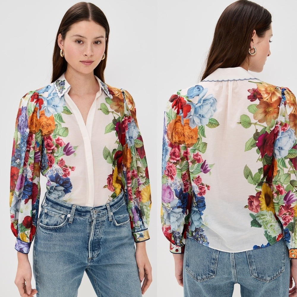 Alice + Olivia Roanne Floral Cotton Silk Blouse Embroidered Collar Multi XS